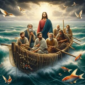 Jesus and 4 apostles in a boat in the middle of the ocean with a net full of fish2